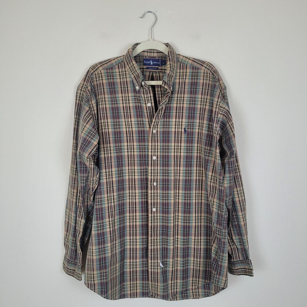 VTG Ralph Lauren Shirt Large Brown Multicolor Plaid Long Sleeve Button Down 90s